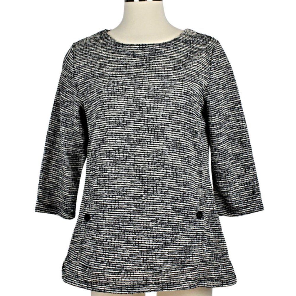 Carolyn Taylor Sweater Top Knit Pullover ¾ Sleeve Kangaroo Pocket Black/White L